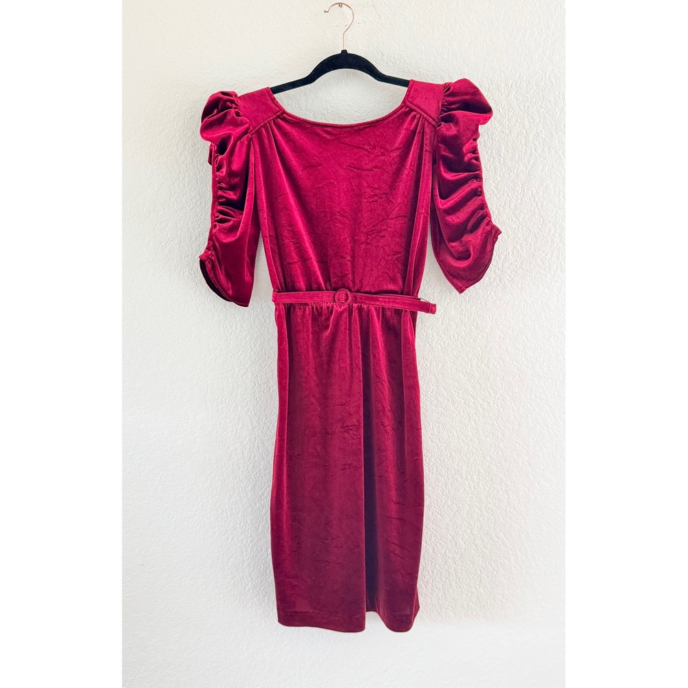 Vintage Velvet Midi Dress Womens Size 7‎ Burgundy Red Ruched Puff Sleeve V-Back